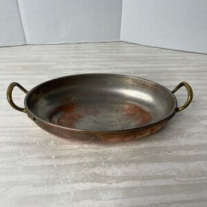 Vintage copper oval gratin pan or serving dish, with brass handles